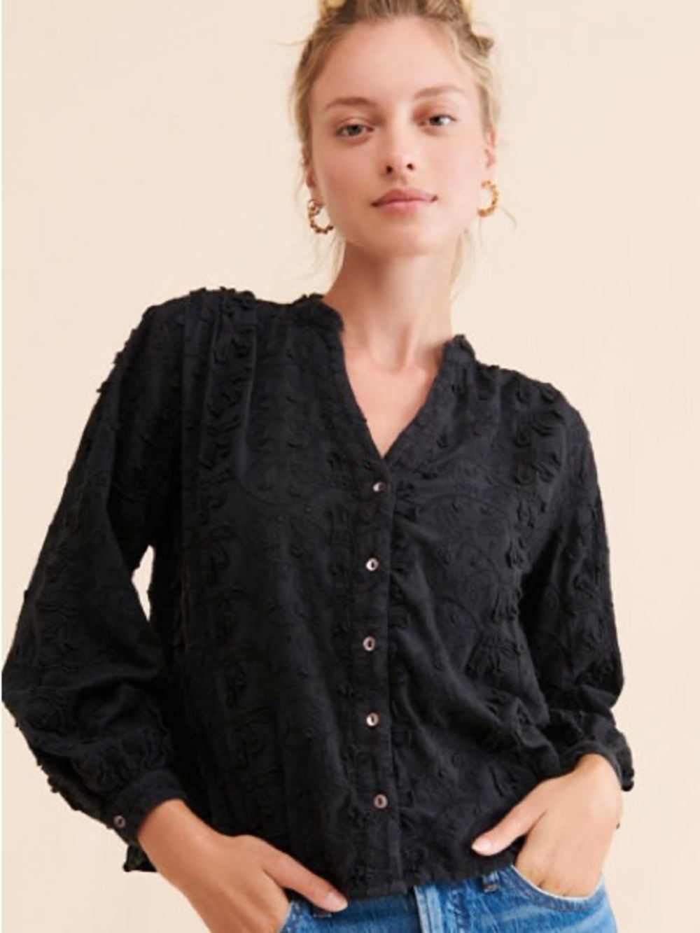 Seen Worn Kept Black Textured Button-Front Women’s Blouse